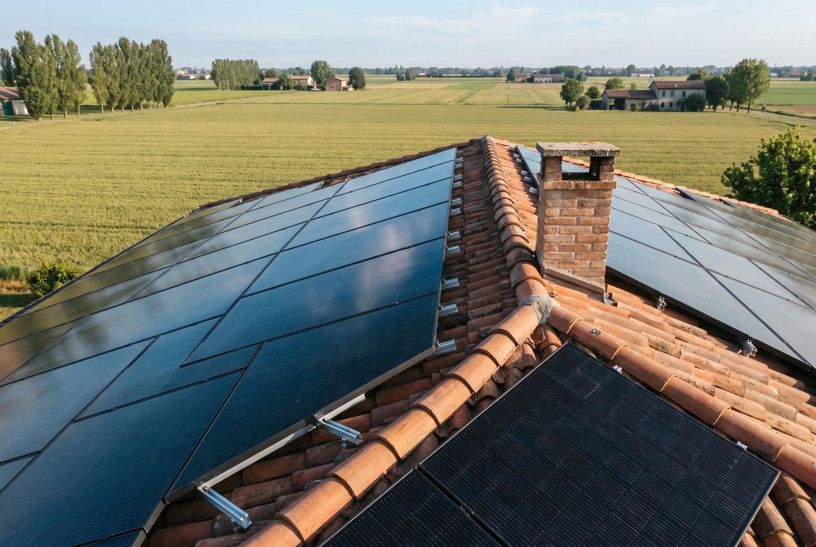 Pannelli fotovoltaici neri installati su tetto in coppi a Modena