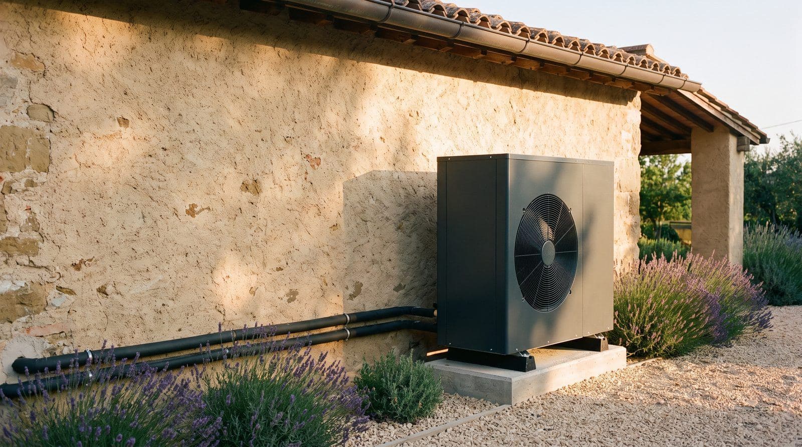 Pompa di calore antracite installata accanto a una casa di campagna emiliana