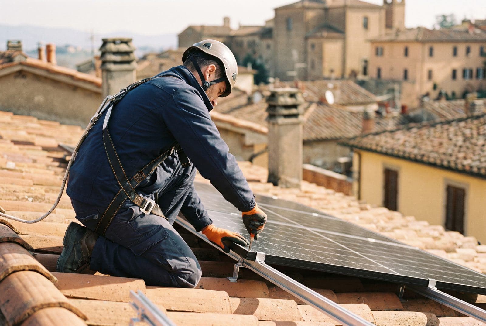 Tecnico FotoClima al lavoro su un impianto fotovoltaico su tetto in coppi